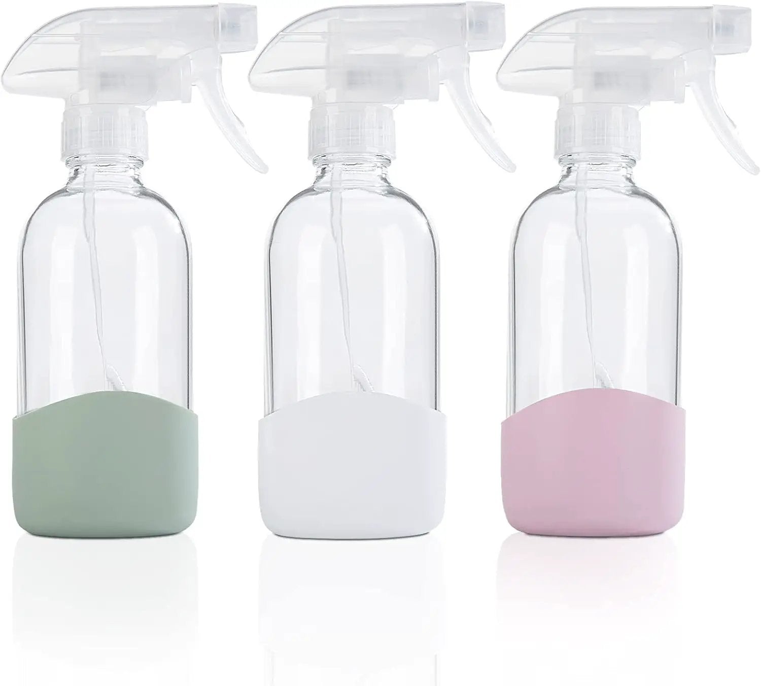 HOMBYS 8 Oz Empty Clear Glass Spray Bottles with Silicone Sleeve Protection Refillable Containers for Cleaning Solutions, Essential Oils, Misting Plants - Quality Sprayer - 3 Pack Boston Bottles by GreenHaven Gardens