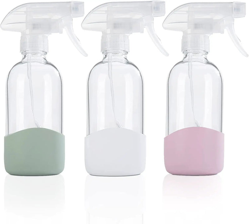 HOMBYS 8 Oz Empty Clear Glass Spray Bottles with Silicone Sleeve Protection Refillable Containers for Cleaning Solutions, Essential Oils, Misting Plants - Quality Sprayer - 3 Pack Boston Bottles by GreenHaven Gardens