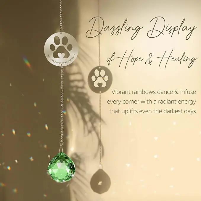 Dog Memorial Gifts, Unique Loss of Pet Sympathy Idea, Green Crystal Ball Rainbow Suncatcher with Paw Print for Cat or Dog Remembrance and Bereavement by GreenHaven Gardens
