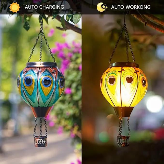 Starsoul 2 PC Peacock Hot Air Balloon Solar Lantern with Flame Glass Outdoor Hanging Hot Air Balloon Solar Light Waterproof Garden Patio Yard Party Decorations by GreenHaven Gardens