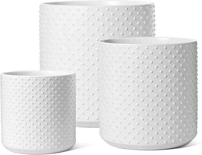 LE TAUCI 6+8+10 Inch Plant Pots Indoor, Ceramic Planter Pots for Plants, Raised Dots Flower Pots Indoor for Home and Office, Mid-Modern Century Pots Indoor with Drainage Hole and Silicone Plug, White by GreenHaven Gardens