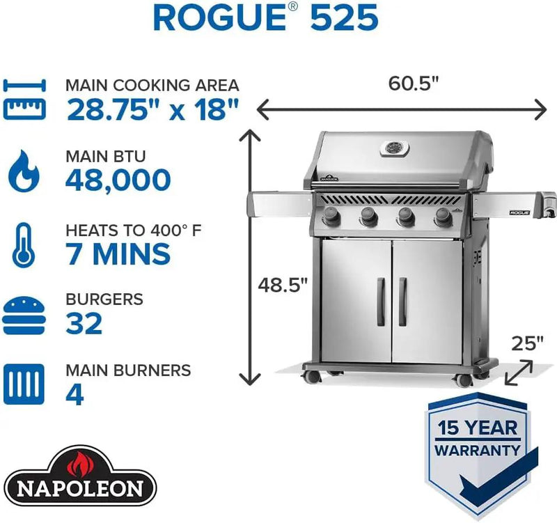 Napoleon Rogue 525 Propane Gas Grill, Stainless Steel, Durable 4-Burner Outdoor BBQ by GreenHaven Gardens