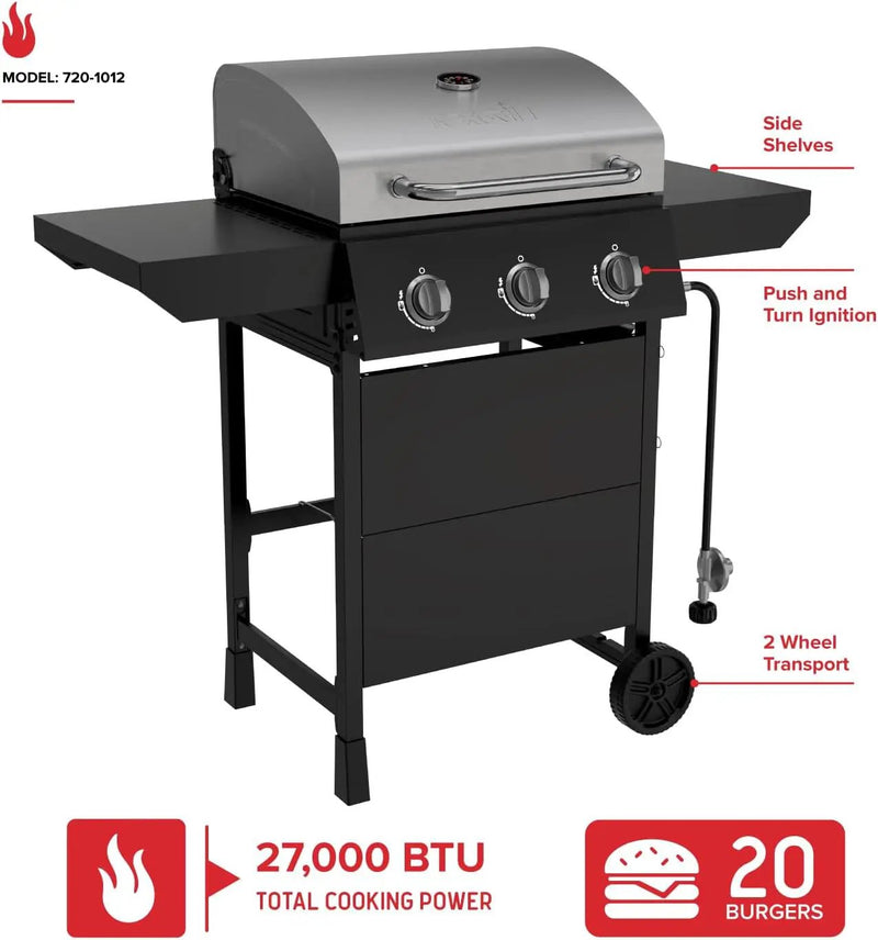 Nexgrill 3-Burner Propane Gas Grill with Side Tables, 27,000BTUs, Stainless Steel Lid, Spacious 429 SQ. In. Cooking Space, BBQ Grill for Outdoor Cooking, Patios, Parties, and More - 720-1012 by GreenHaven Gardens