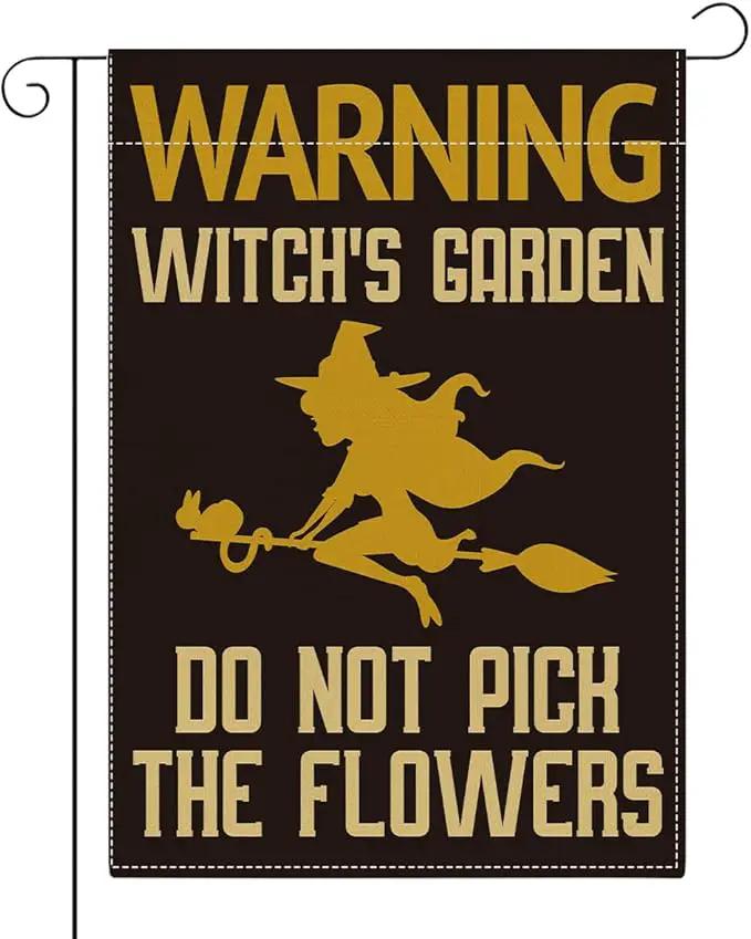 Witch's Funny Garden Flag Do Not Pick the Flowers Sign Plant Lover Gift Small Double Sided Burlap art Stained Glass Style Garden Flags 12 x 18 Inch for Outside by GreenHaven Gardens