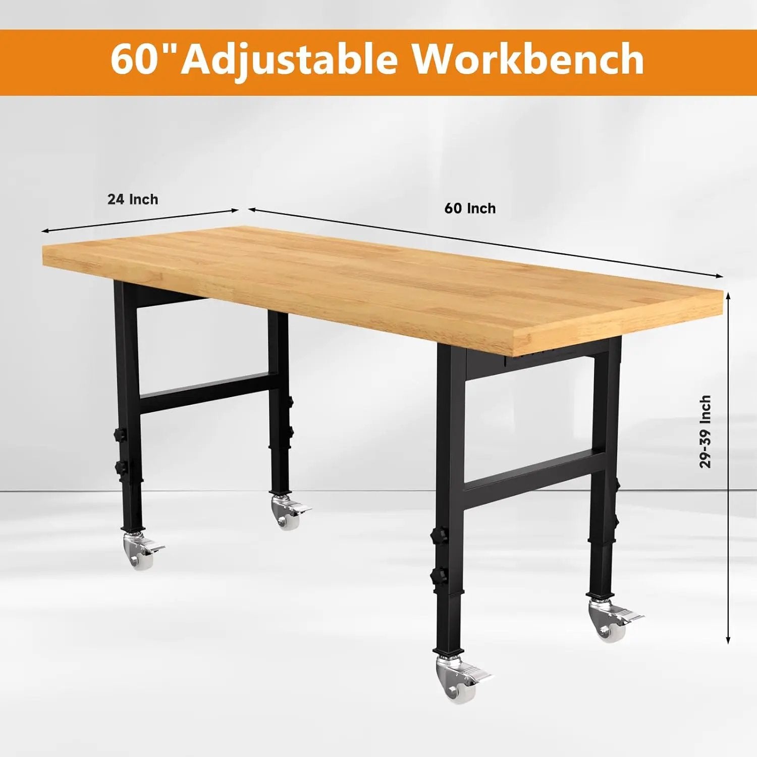 60" Adjustable Height Workbench with Wheels, Heavy-Duty Solid Wood Work Table with Power Outlets, 2000 LBS Capacity Workstation for Garage, Workshop(60" X 24") by GreenHaven Gardens