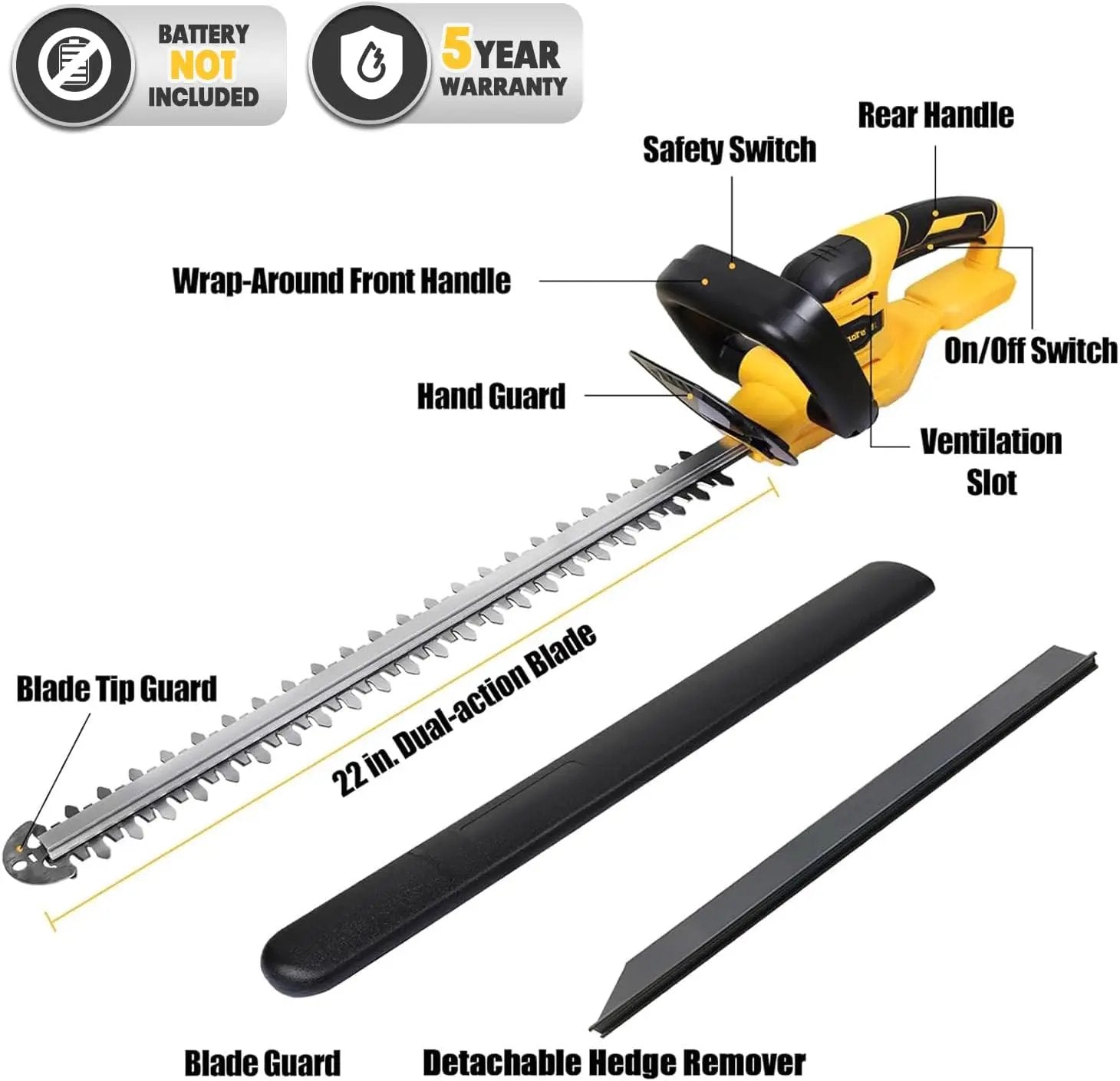 MaxMore Cordless Hedge Trimmer, Compatible with DeWALT 20V Max Battery (Tool Only) Electric Brushless Hedge Shear with 22-Inch Blade & 1500RPM Speed & Safety Lock, Lightweight & Handheld for Lawn Yard by GreenHaven Gardens