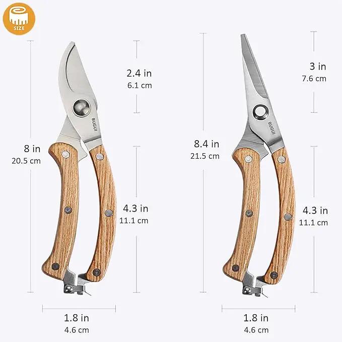 BUGUI 8” Wood Handle Garden Scissors, Set of 2, Includes Bypass Pruning Shears and Long Straight Tip Clippers, Premium Gardening Tools with Precision-Ground SK-5 Steel Blade by GreenHaven Gardens
