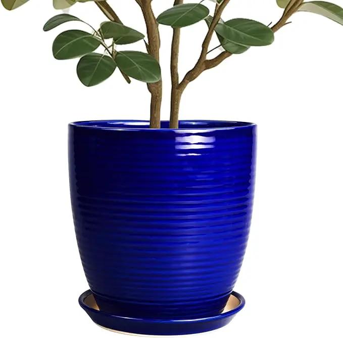 Ceramic Planter Pot - 10 Inch Plant Pot Indoor with Drainage Hole and Saucer Round Planter Large Modern Decorative Flower Pot Outdoor Garden Pot Blue by GreenHaven Gardens