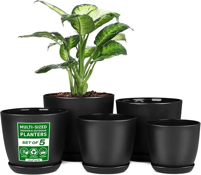 Plant Pots with Multi Drainage Holes - 5 Pieces Versatile, Sturdy Plastic, Stackable Design Home Decor Flower Pots for Indoor and Outdoor Gardening - Black by GreenHaven Gardens