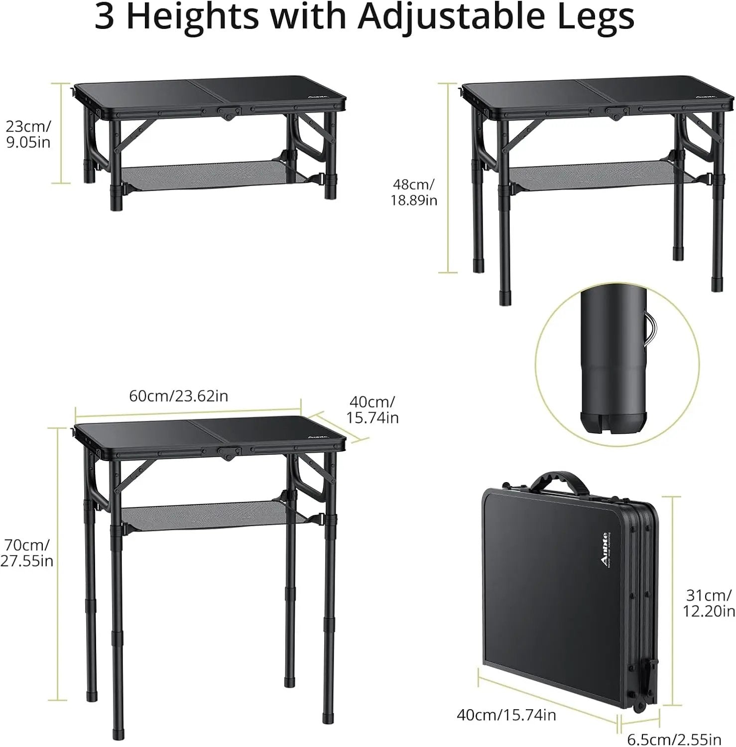 Folding Camping Table with Storage Net, Pure Black Aluminum 2ft Picnic Table 23.2" x 16" Outdoor Table Adjustable Height Max 27.5", Lightweight, Waterproof, Portable Handle for Travel Cooking by GreenHaven Gardens