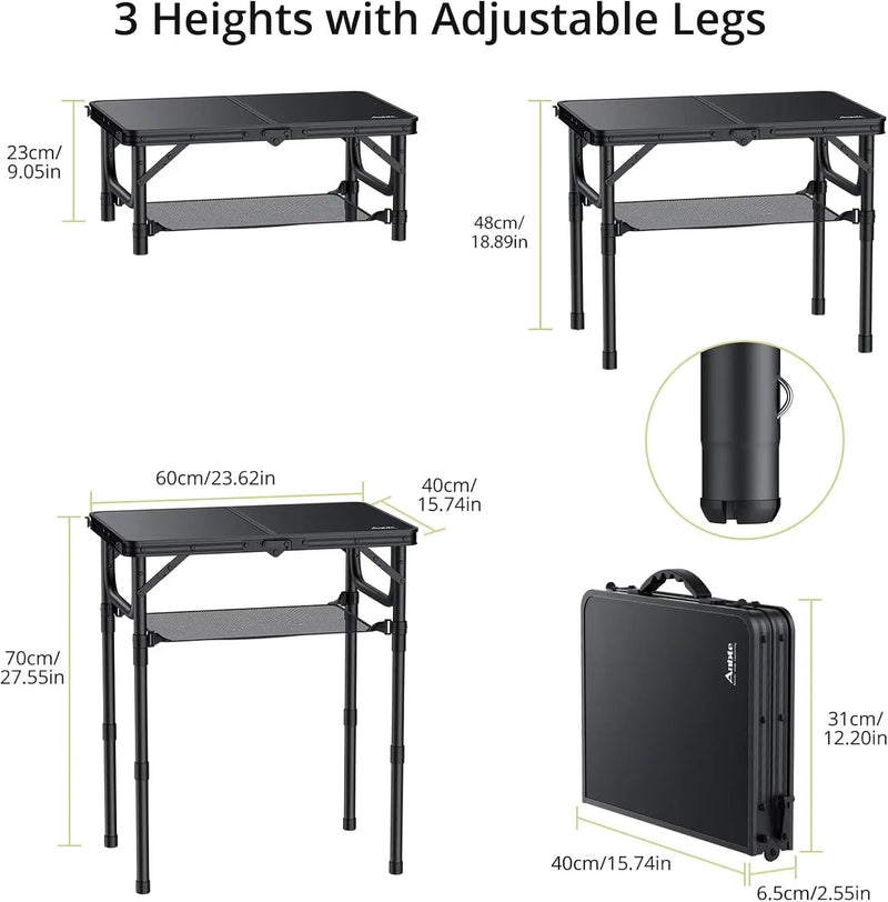Folding Camping Table with Storage Net, Pure Black Aluminum 2ft Picnic Table 23.2" x 16" Outdoor Table Adjustable Height Max 27.5", Lightweight, Waterproof, Portable Handle for Travel Cooking by GreenHaven Gardens