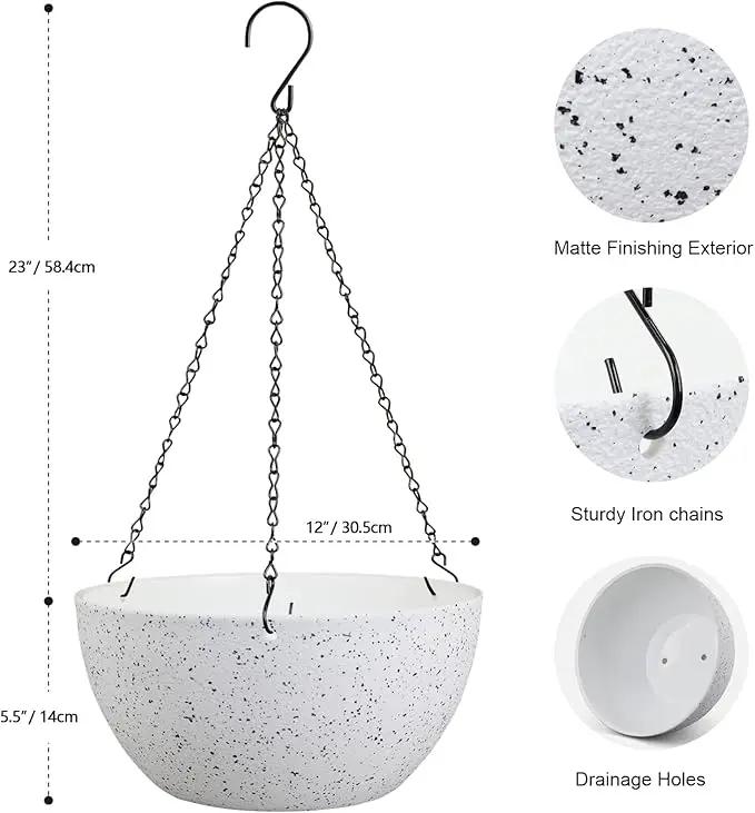 12 inch Large Hanging Planters for Indoor Outdoor Plants, 2 Pack Hanging Flower Pots with Drainage Holes and Chain for Garden Porch, Plastic Hanging Baskets for House Plants, Speckled White by GreenHaven Gardens