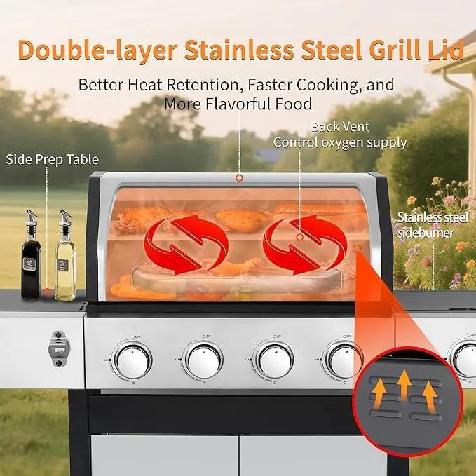 4-Burner Propane Gas Grill With Side Burner, 34,200 BTU Outdoor BBQ Grill with Stainless Steel Warming Rack & Enameled Cooking Grids – Foldable Side Tables, Built-in Thermometer – Heavy-Duty 6" Wheels by GreenHaven Gardens