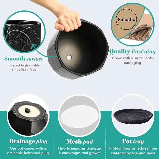 Large Marble Black Plant Pot with Drainage Holes and Saucers, Ceramic Pots for Indoor Outdoor Plants, 7 Inch Premium Hand Glazed Planters for Flower, Garden, Succulent, Nursery, Home Decor by GreenHaven Gardens