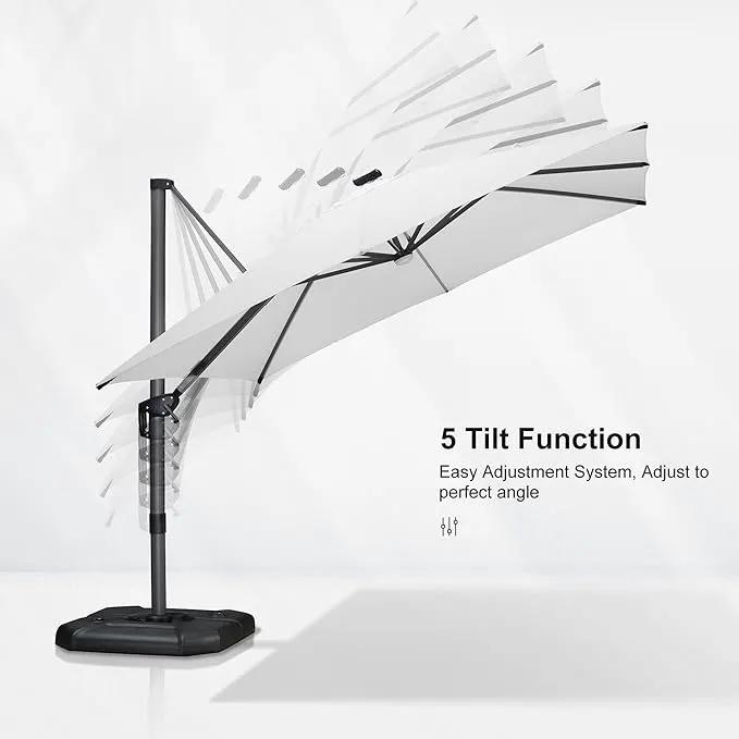 PURPLE LEAF 10 Feet Patio Umbrella with Base Outdoor Cantilever Solar Powered LED Square Umbrella Aluminum Offset Umbrella with 360-degree Rotation for Garden Deck Pool Patio White by GreenHaven Gardens