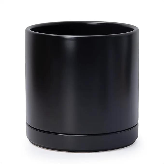 D'vine Dev 10 Inch Ceramic Planter Pot with Drainage Hole and Saucer, Indoor Cylinder Round Planter Pot, Black, 94-O-E-2 by GreenHaven Gardens