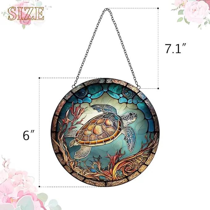 Sea Turtle Decor Suncatcher Stained Glass Window Hanging - Handmade Stained Glass Suncatchers Hangings with Hooks - Sea Art Glass Outdoor Garden Decor Gift for Women Him Valentines Day Birthday Gifts by GreenHaven Gardens