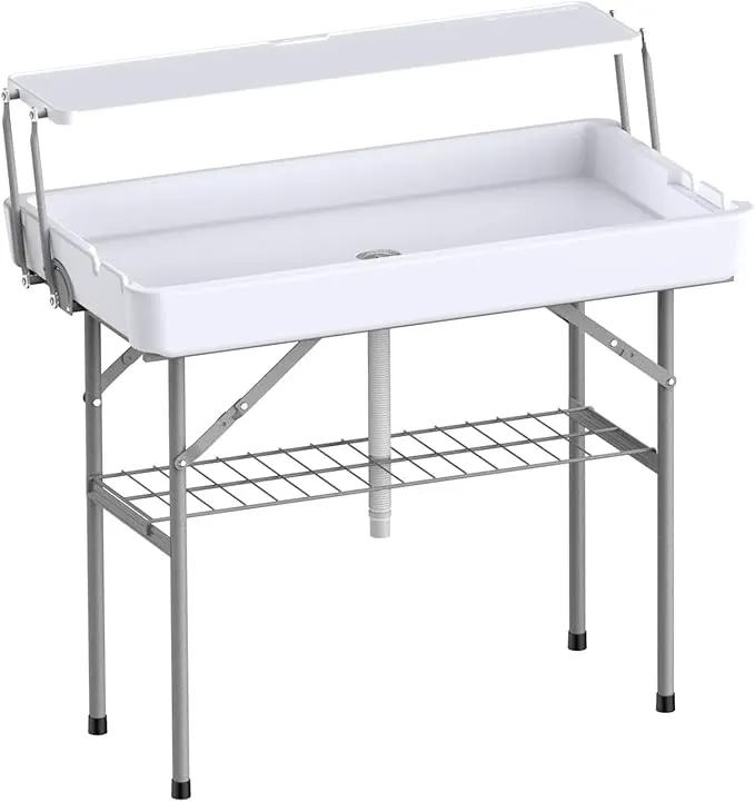 Portable Folding Ice Cooler Table with Skirt & Drain & Shelving, Outdoor Foldable Drink Ice Table with Storage for Camping, Picnics, BBQ & Parties, by GreenHaven Gardens