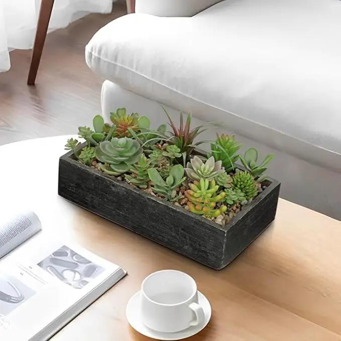 Artificial Succulent Plants in Pot 10 Inch Fake Succulent Arrangement Potted Succulents Plants Centerpiece in Rectangular Wooden Planter for Home Office Desk Shelf Living Room Bedroom Farmhouse Decor by GreenHaven Gardens