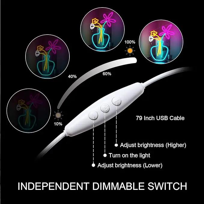 Flower Vase Neon Sign,Dimmable Neon Lights,Neon Flowers Sign for Wall Decor,Anime Flower Shape USB Connectivity Light Up Neon for Kids Room Girls Room Bar Birthday Party by GreenHaven Gardens
