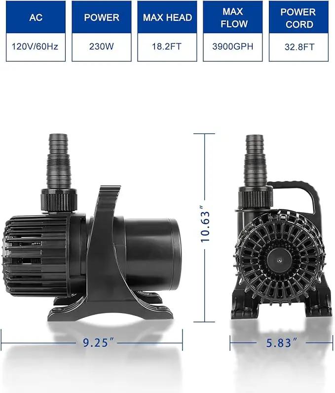 Outdoor Large 3900gph-230W 32.8FT Pond Water-fall & Kio Fish Fountain-s &Garden Pump Submersible IPX8: Long 32.8FT Cord Smart-er & Quieter Duck & Yard &Patio Ponds Pumps, 1 Barrier Pump Bag by GreenHaven Gardens