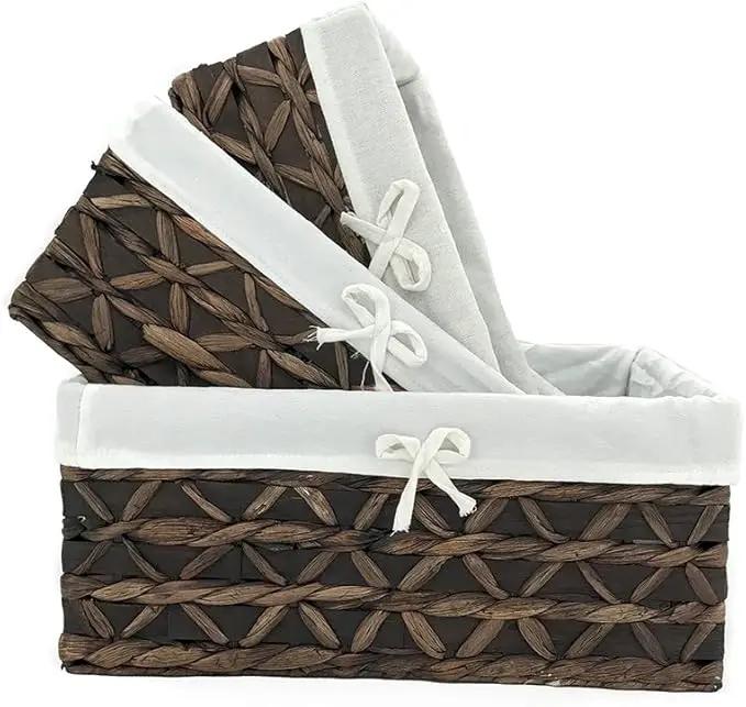 Basket of Rectangular Woven Seagrass Storage Bin with Handle,Kingwillow. (Wood&water hyacinth, Set of 3) by GreenHaven Gardens