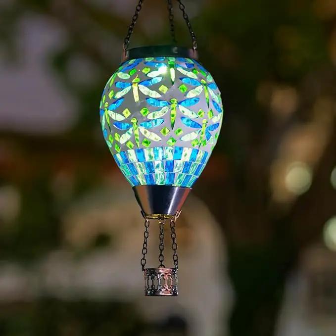 Starsoul Mosaic Dragonfly Hot Air Balloon Solar Lantern Glass Outdoor Hanging Hot Air Balloon Solar Flickering Flame Light Waterproof Garden Patio Yard Party Decorations by GreenHaven Gardens