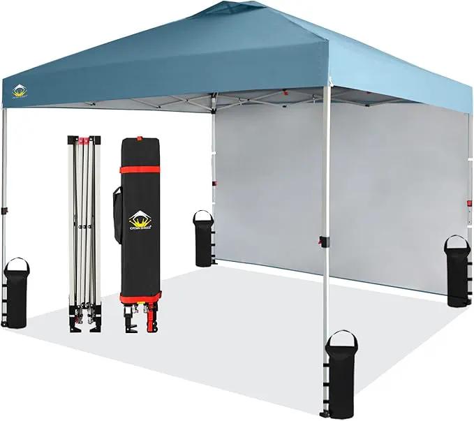 CROWN SHADES 10x10 Pop Up Canopy with 1 Side Wall - Beach Tent with One Push Setup - Outdoor Sun Shade for Events, Parties, Camping - Gazebo with STO-N-Go Cover Bag (Cyan Blue) by GreenHaven Gardens