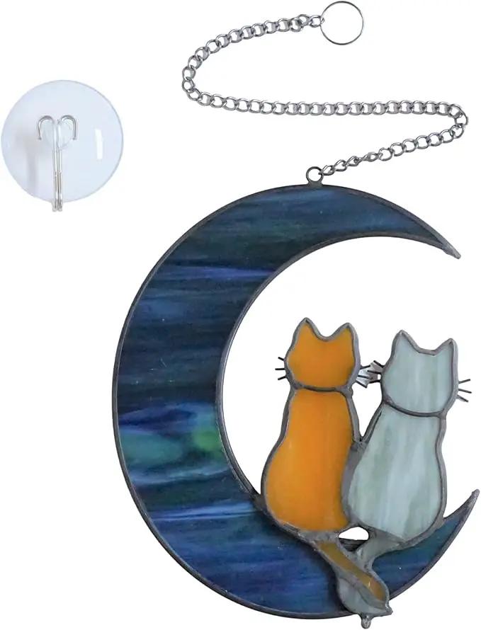 Cat Stained Glass Suncatcher – Cat on Moon Real Glass Window Hanging – Unique Modern Design Wall Art for Home or Garden Décor – Perfect Cat Lover Gift by GreenHaven Gardens