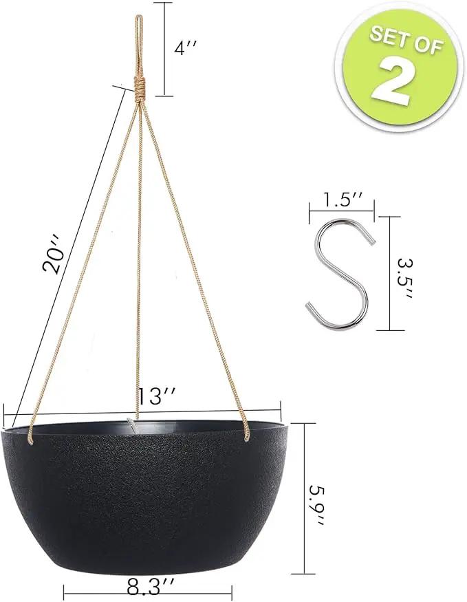 13 Inch 2 Pack Large Hanging Planters for Indoor Outdoor Plants, Plastic Hanging Basket Pots for House Plants Flowers, Black by GreenHaven Gardens