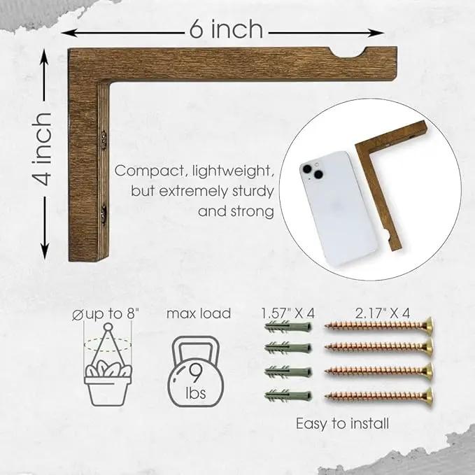 2-Piece Set of Plant Hooks for Wall 6 Inch - L-Shaped Mounted Wooden Plant Hook - Indoor and Outdoor Bracket Plant Hanger for Planters, Lanterns, Bird Feeders and Plant Basket (Walnut) by GreenHaven Gardens