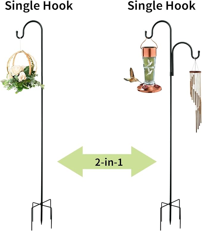 Double Shepherds Hooks for Outdoor, Bird Feeder Pole with 5 Prongs Base, Heavy Duty Garden Hook for Lantern, Wind Chime and Hummingbird Feeder, 45 Inch, 1 Pack by GreenHaven Gardens