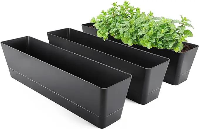 GREANER Window Boxes Planters, 3PCS 16x3.8 Inch Black Rectangle Planters Box with Drainage Holes and Trays, Herb Succulents Flowers Plastic Pot for Windowsill, Garden, Balcony, Indoor, Outdoor Decor by GreenHaven Gardens