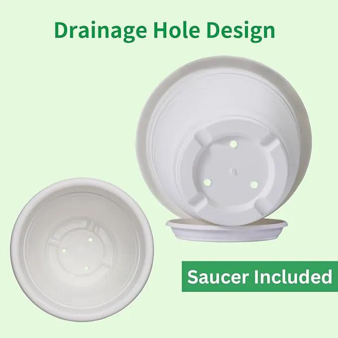 5 Packs 10 inch Plant Pots + Saucer, Planters for Indoor & Outdoor Plants with Drainage Holes | Plastic Flower Pots, Large Planter (White, 10 inch) by GreenHaven Gardens