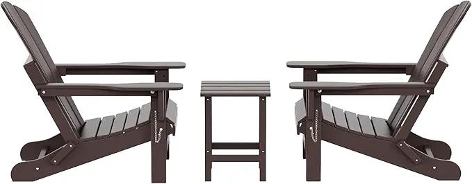 WO Home Furniture Adirondack Chairs Table Set of 3 PCS Outdoor Folding Chairs Side End Table Weather/UV Resistant for Lawn, Garden, Bon Fire, Balcony (Dark Brown) by GreenHaven Gardens