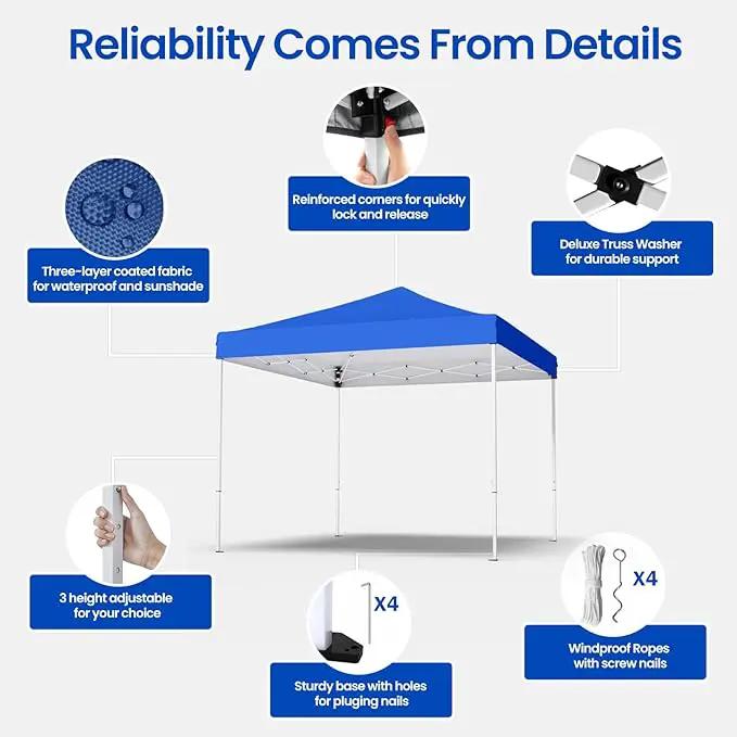 10x10ft Pop Up Canopy Tent,Heavy Duty Waterproof Folding Tent for Camping Parties Events Parties,Outdoor Canopy,Portable Sun Shelter,3 Adjustable Height(Blue) by GreenHaven Gardens