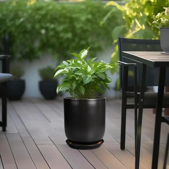 Ceramic Planter 10 Inch - Ceramic Pot for Indoor Plants Outdoor Plant Pot with Drainage Hole and Saucer Cylinder Flower Pot Black by GreenHaven Gardens