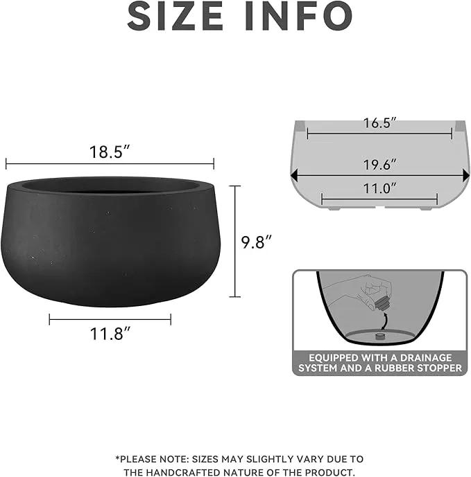 Kante 19.6" Dia Round Concrete Planter, Cement Plant Pots with Drainage Hole and Rubber Plug for Outdoor Indoor Garden Home, Modern Curvaceous Design, Black by GreenHaven Gardens