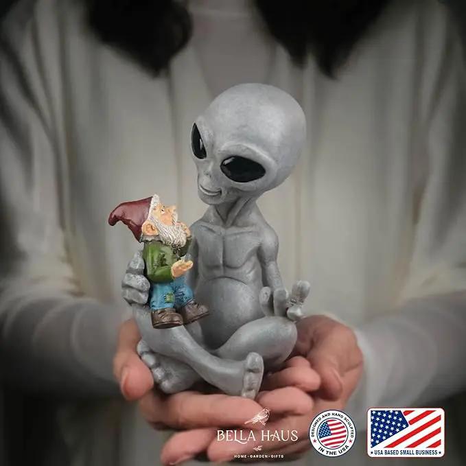 Andre' & Fritz Friendship Stories Alien and Gnome Garden Statue | Poly-Resin 6.5" h x 4" w x 3.5" d Outdoor Décor (Stories - Garden Statue) by GreenHaven Gardens