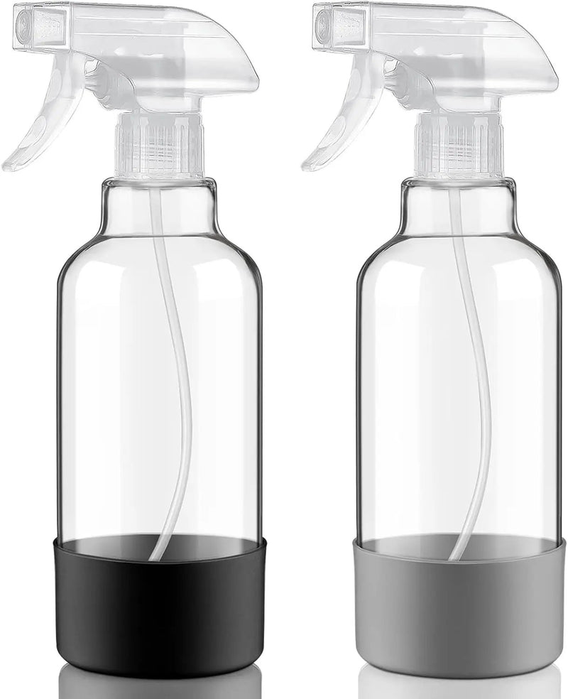 Glass Spray Bottles with Silicone Sleeve 16.9oz 2 Pack Empty Spray Bottle for Hair Mist/Stream Spraying for Cleaning Solutions, Plants, Essential Oils (clear-grey&black) by GreenHaven Gardens