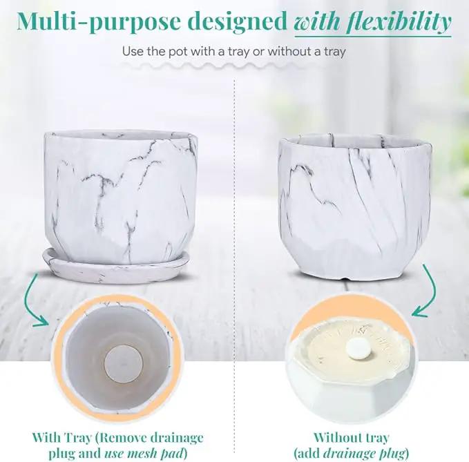 Large 7 Inch Marble White Plant Pots Planters with Saucer Tray, Mesh Pad, Drainage Hole and Stopper, Hand Glazed Flower Pot, Garden Indoor Outdoor Planter, Modern Home Decor (Ceramic, White) by GreenHaven Gardens
