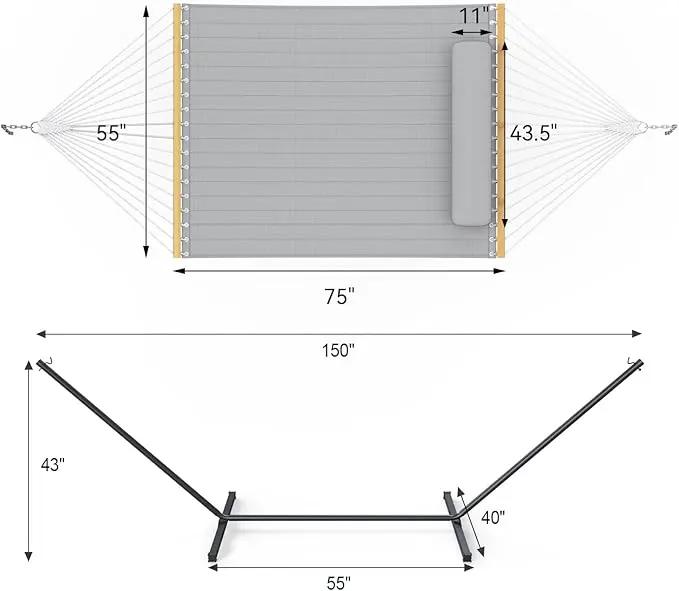 2 Person Outdoor Hammock with Stand, Cotton Rope Hammock with Polyester Pad, Adjustable Steel Frame, Portable with Carrying Bag – for Patio, Backyard, Garden, Beach, Urban-Gray by GreenHaven Gardens