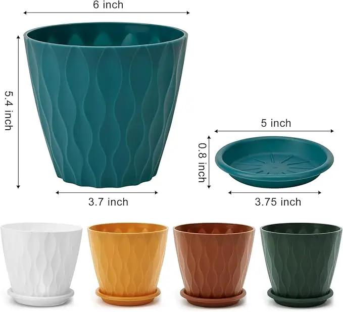 6 inch Plant Pots, 5 Pack Flower Pots Outdoor Indoor, Planters with Drainage Holes and Tray Saucers（Multicolor） by GreenHaven Gardens