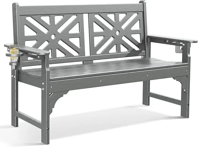 nalone Outdoor Bench with Cup Holders, HDPE All Weather Porch Bench Load up to 800 Lbs, 2-Person Garden Benches Rot-Proof Fade Proof for Patio, Porch, and Park (Grey) by GreenHaven Gardens