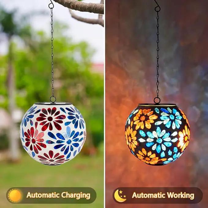 Solar Lanterns Outdoor Waterproof, Hanging Mosaic Flower Solar Lantern with Hook, Hanging Gazing Ball Globe Lantern for Garden Patio Yard Decor by GreenHaven Gardens