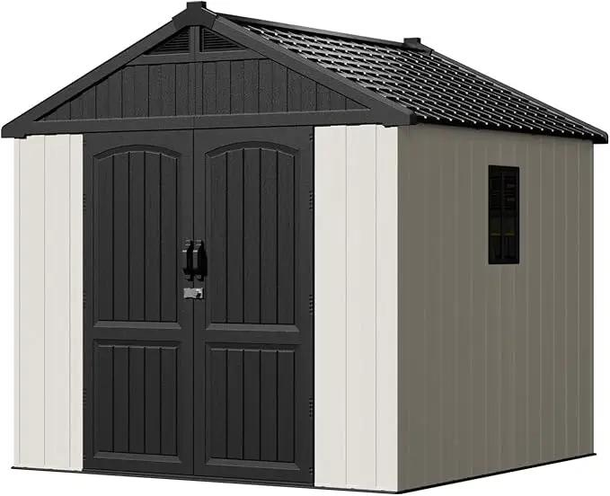 Patiowell 8 x 8 FT Plastic Outdoor Storage Shed with Floor, Resin Shed with Window and Lockable Door for Garden, Backyard, Tool Storage Use, Easy to Install in Beige (Kick-it Shed) by GreenHaven Gardens