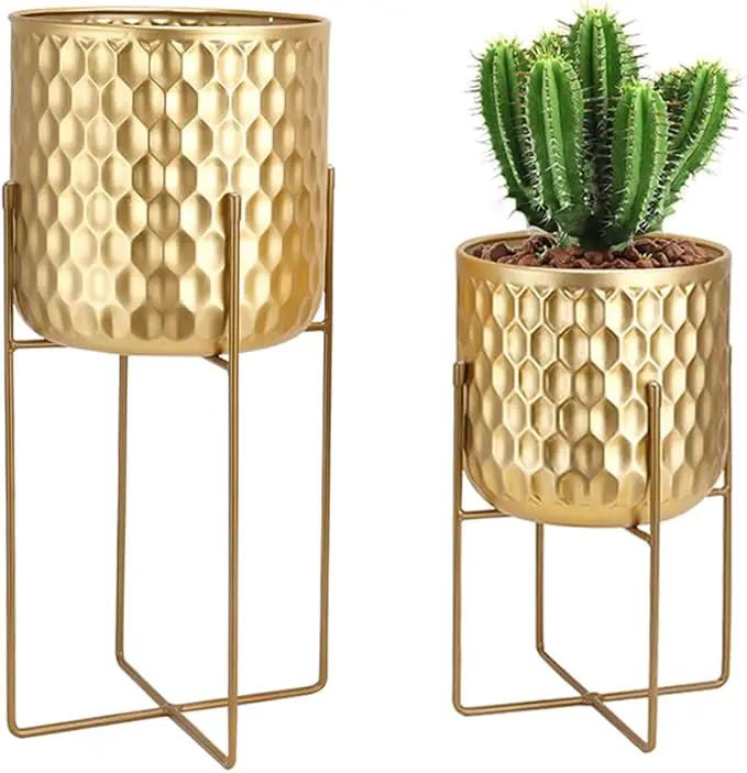 TRIROCKS Set of 2 Planters with Stand Indoor Outdoor Metal Plant Stand 8 * 18 &7 * 12 "Modern Planters Flower Pots for Living Room Corner Kitchen Office Garden Balcony Patio Decor(Gold) by GreenHaven Gardens