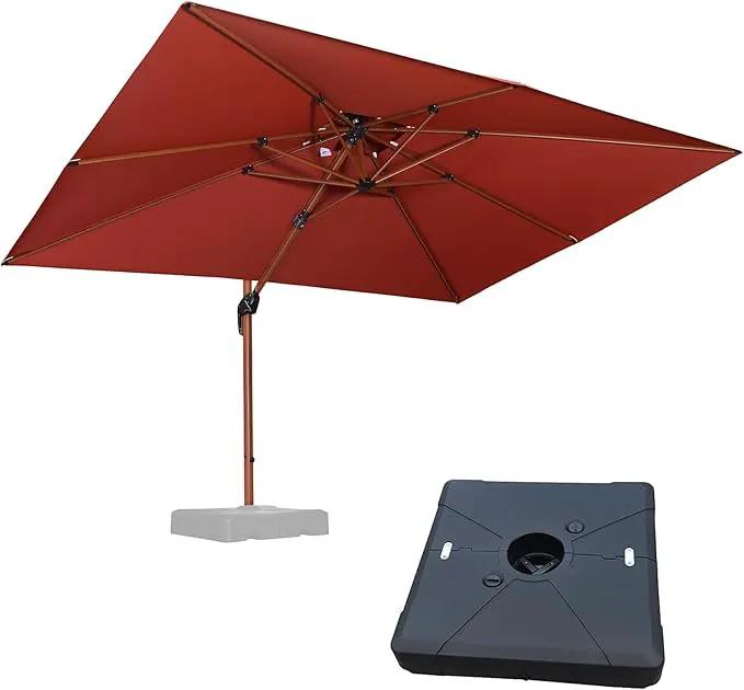 PURPLE LEAF 9' X 12' Double Top Deluxe Wood Pattern Rectangle Patio Umbrella with Base Offset Hanging Umbrella Outdoor Market Umbrella Garden Umbrella, Brick Red by GreenHaven Gardens