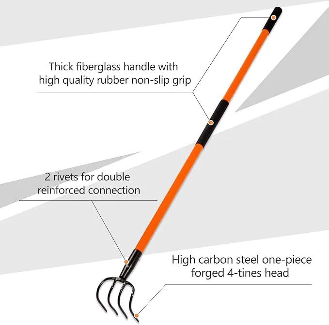 Cultivator for Gardening, 4 Tines Garden Cultivator with Fiberglass Handle, 58 Inches by GreenHaven Gardens