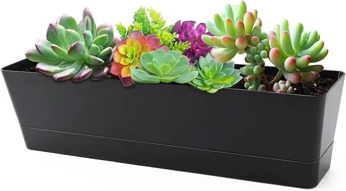 GREANER Herb Window Boxes 1PCS 16x3.8 Inch, Black Planter with Removable Trays and Drainage Holes, Succulent Flower Rectangular Plastic Pot for Balcony, Office, Windowsill, Garden, Indoor Outdoor Use by GreenHaven Gardens